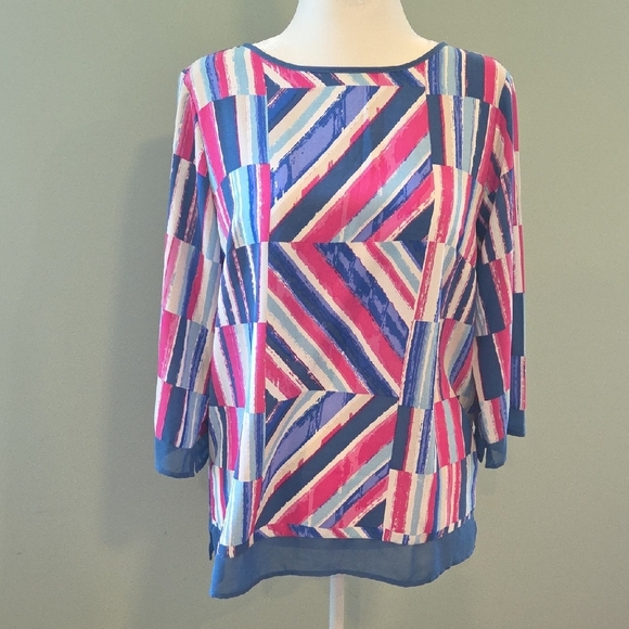 Bob Mackie Wearable Art In Pink and Blue Abstract 3/4 Sleeve Tunic Women's M - Picture 1 of 9